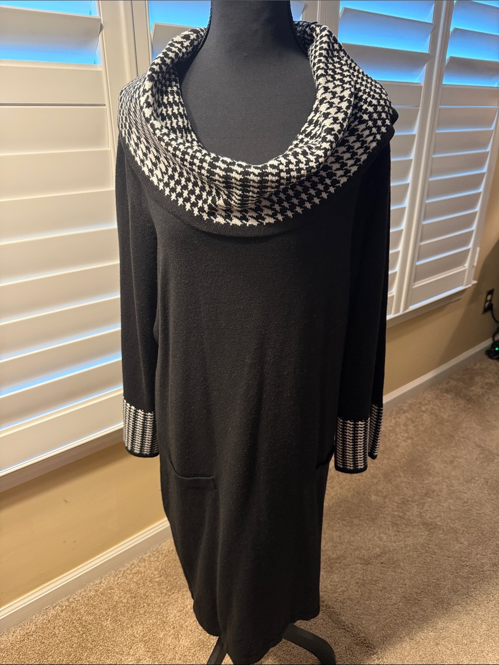 Jessica Howard Black Dress with Houndstooth Cowl Neck
